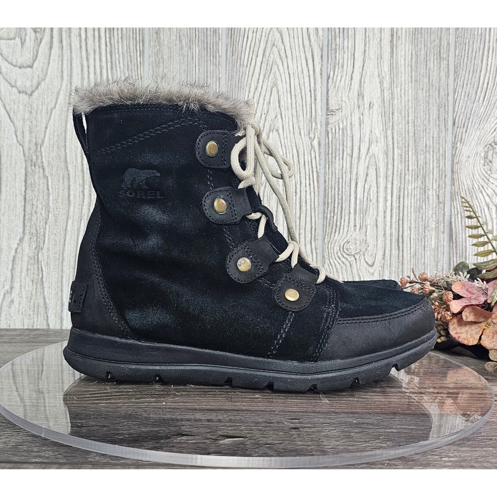 Sorel‎ Explorer Joan Women's 8 Waterproof Black Suede Faux Fur Winter Boots